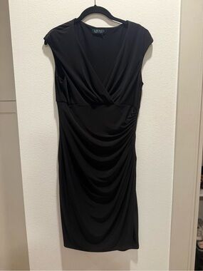 Lauren Ralph Lauren Black Ruched Faux Wrap Sheath Cap Sleeve Dress Stretch LBD